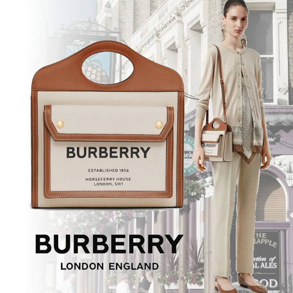 （バーバリー コピー）2020SS BURBERRY ポケットバッグ ミディアム ツートン キャンバス＆レザーバッグ