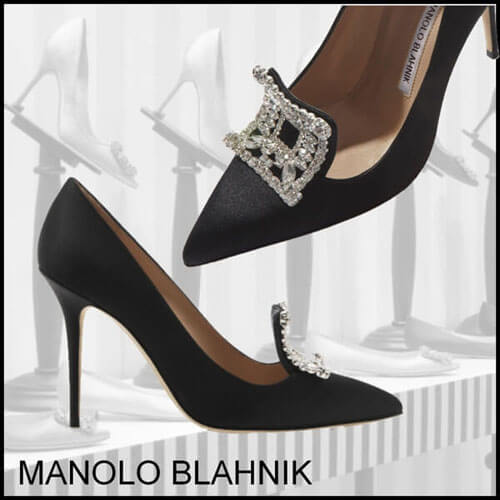 マノロブラニク パンプス コピー Manolo Blahnik マノロブラニク BORLAK サテン パンプス ロゴ 黒