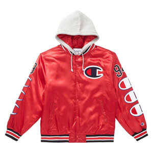 シュプリーム champion 偽物 シュプリーム ボックス ロゴ パーカー Hooded Satin Varsity Jacket Red