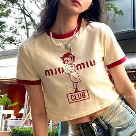 即日配送ミュウミュウ 23SS プリントコットン Tシャツ MJN457_12IN_F02HZ