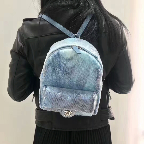 18SS☆シャネルコピー☆スパンコール シルバー金具 バックパック/ブルー A57418 Y83561