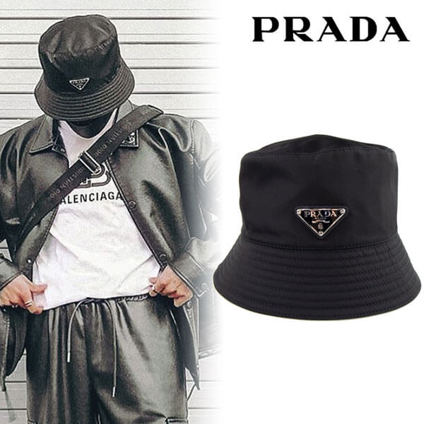 【PRADA プラダ キャップ コピー】ロゴ プレート★ナイロン バケットハット Black