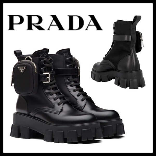 プラダ ブーツ コピー PRADA ロゴ ブラッシュドレザー & ナイロン コンバットブーツ 