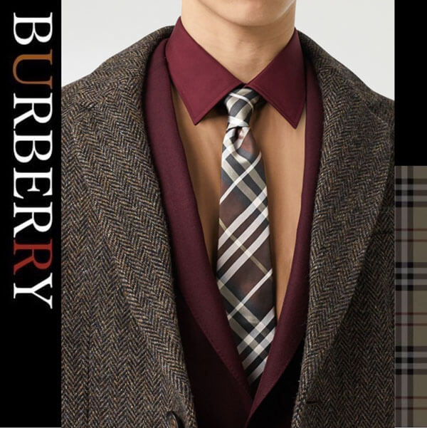 バーバリー ネクタイ コピー【BURBERRY】ブラウン レッド シルク チェックネクタイ