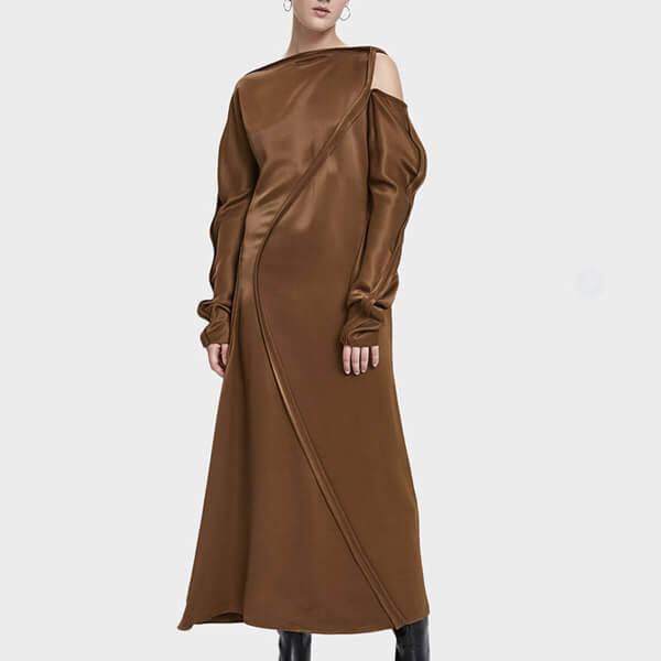 ジル・サンダー ワンピース コピー【Jil Sander】カーブライン サテン ロング ワンピース Brown