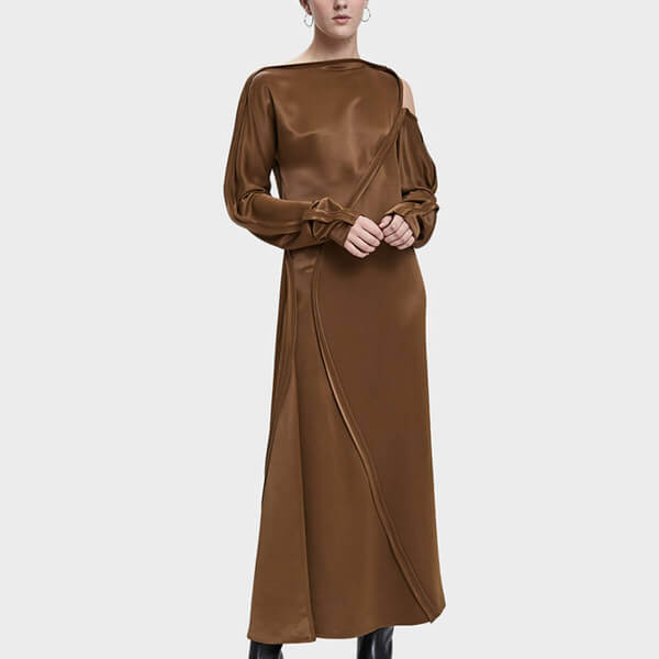 ジル・サンダー ワンピース コピー【Jil Sander】カーブライン サテン ロング ワンピース Brown